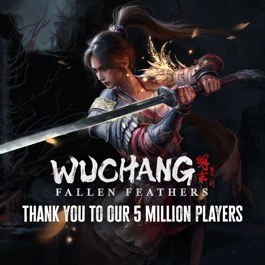 playWUCHANG's tweet photo. On this very special day, we're also delighted to confirm that we've surpassed 5 million players!

Thank you to every single person who has played, supported, shared, and believed in WUCHANG: Fallen Feathers. Reaching this incredible milestone has only been possible thanks to this amazing community. 

#WUCHANGFallenFeathers