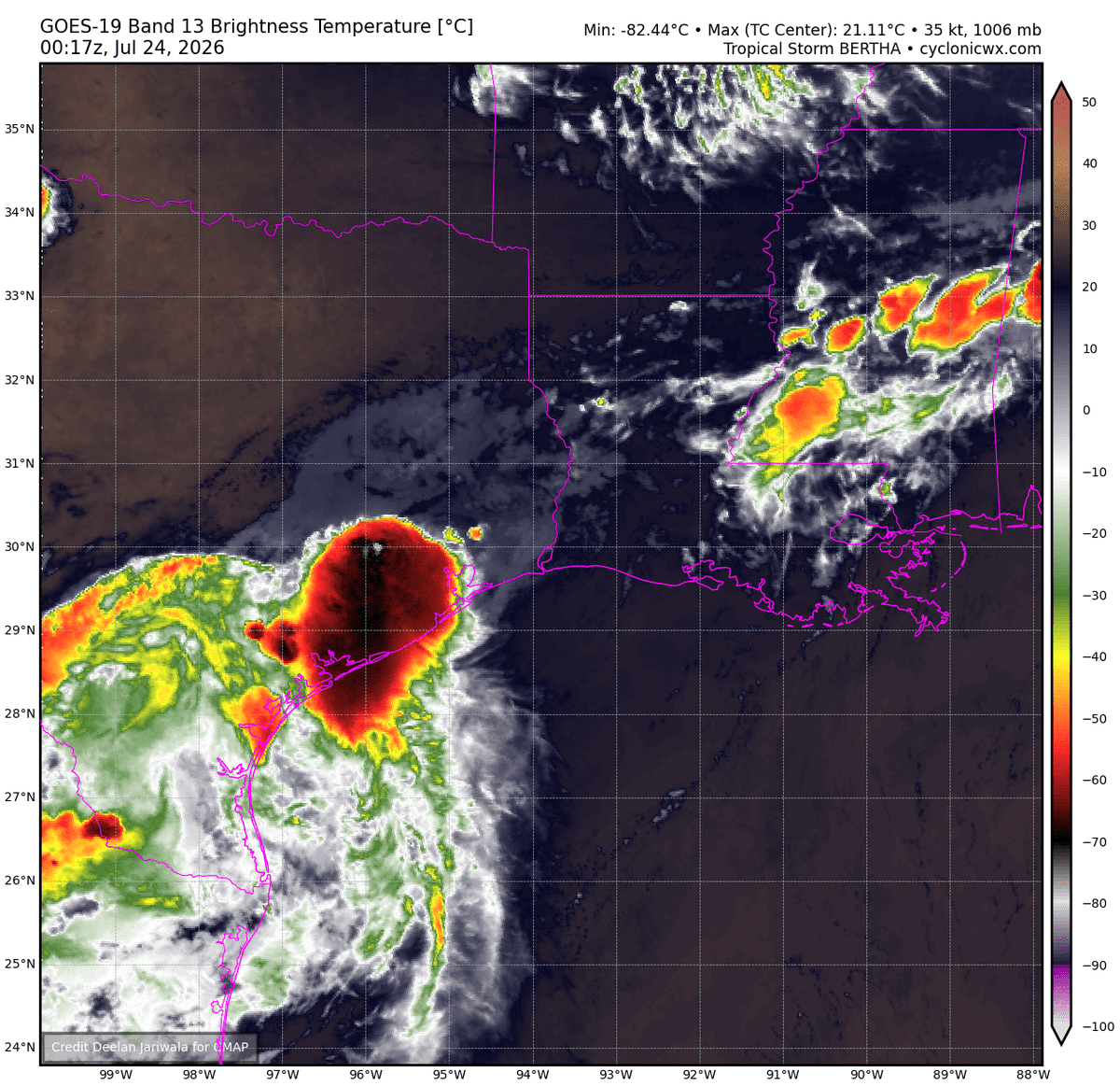 spcver_met's tweet photo. 23-jul-2026/18:30 h
🌀 Bertha se debilitó a Depresión Tropical. Su centro se ubica al NNE de Houston, Texas, con vientos de 55 km/h. No representa peligro para Veracruz. #SPCVer https://t.co/5caWaOi7Jv