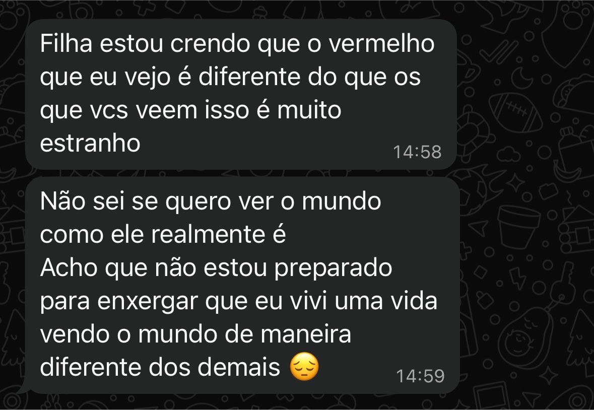 leletsquelets's tweet photo. Eu queria dar um óculos para daltonismo pro meu pai (que sabe que é daltônico há quase 40 anos) e a resposta dele: https://t.co/sQnAsKW0Bz