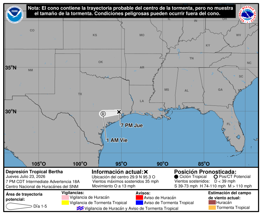 FZalfredo69's tweet photo. Depresión tropical BERTHA, así como su posible trayectoria para las próximas horas, en territorio del estado de Texas, como lo muestran las imágenes qué se anexan. https://t.co/mtSS8hz2hc
