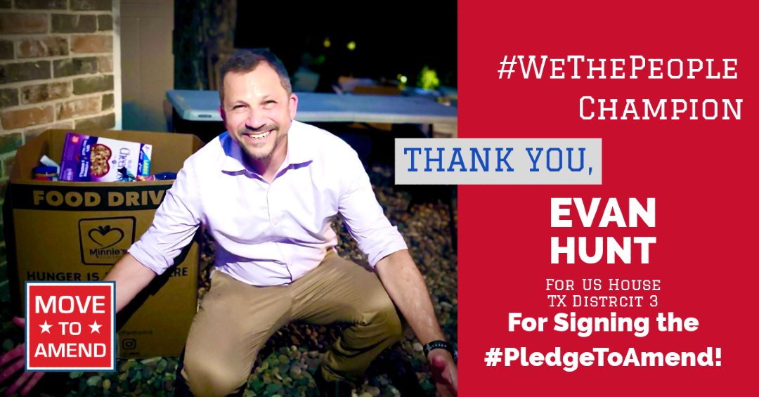 MoveToAmend's tweet photo. Every new #WeThePeopleChampion strengthens the movement for constitutional change. Thank you, Evan Hunt, for signing the #PledgeToAmend and standing behind the #WeThePeopleAmendment. https://t.co/YXlvmm3XYY
