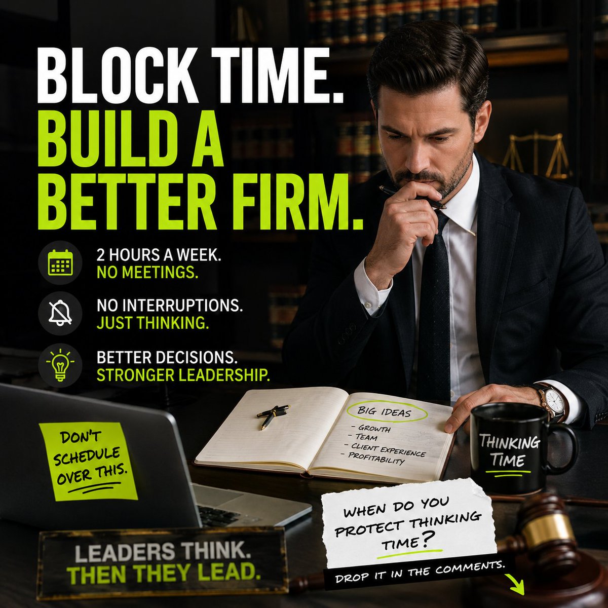 talk2cc's tweet photo. One calendar change made a bigger difference than any new hire.
Two hours each week.
No meetings.
Just thinking.
Leaders need space to make good decisions.
When do you protect thinking time?
Drop it in the comments.
#completecontroller #ThrivingThursday #LegalPros #Storytelling https://t.co/nnRfli4hy2