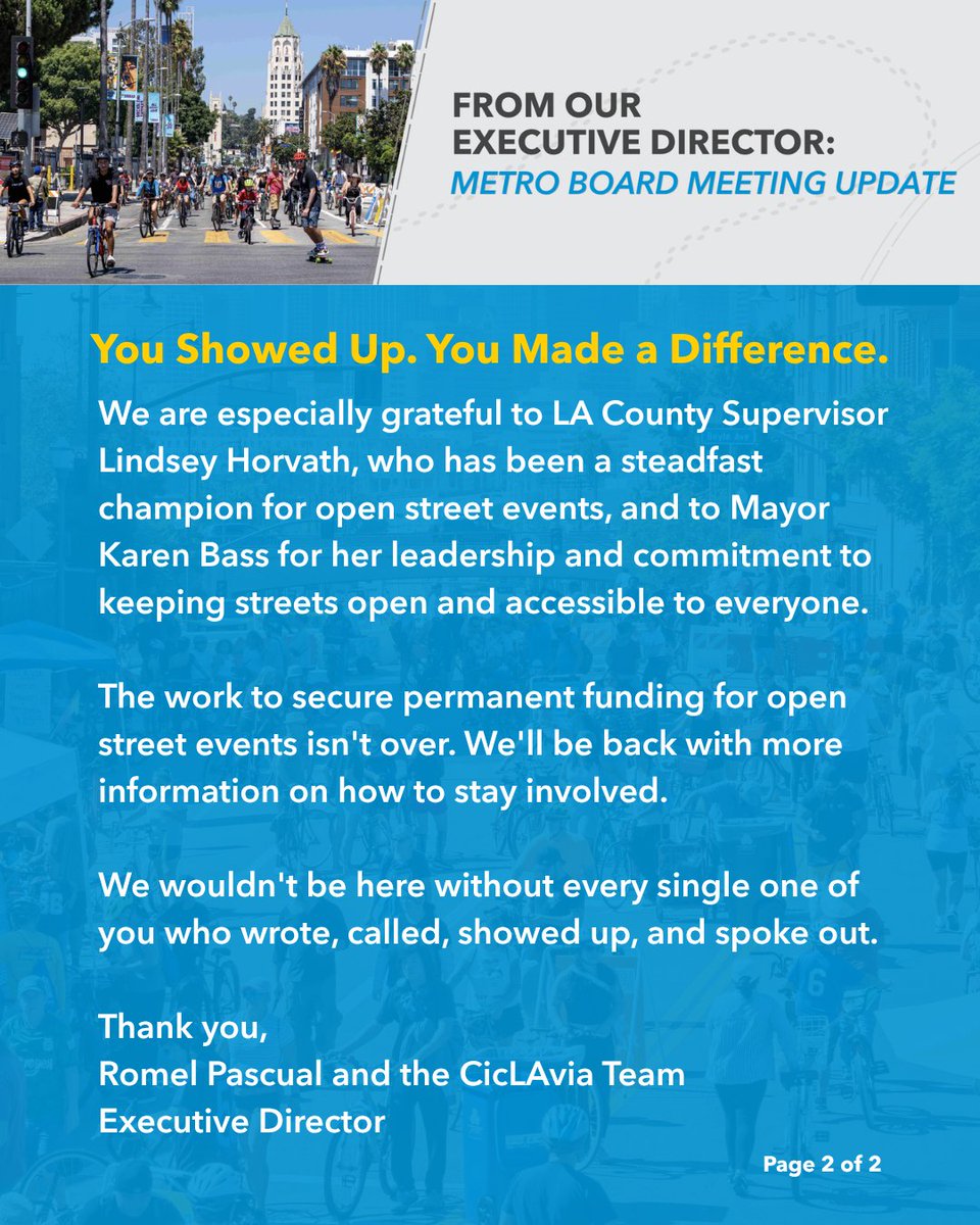 CicLAvia's tweet photo. You Showed Up. Our collective power made a difference. 

The Metro Board voted unanimously to advance a motion to identify additional funding dedicated to open street events through 2028. 

The work to secure permanent funding for open street events isn't over. More on our blog. https://t.co/lyBZn2Ed3x