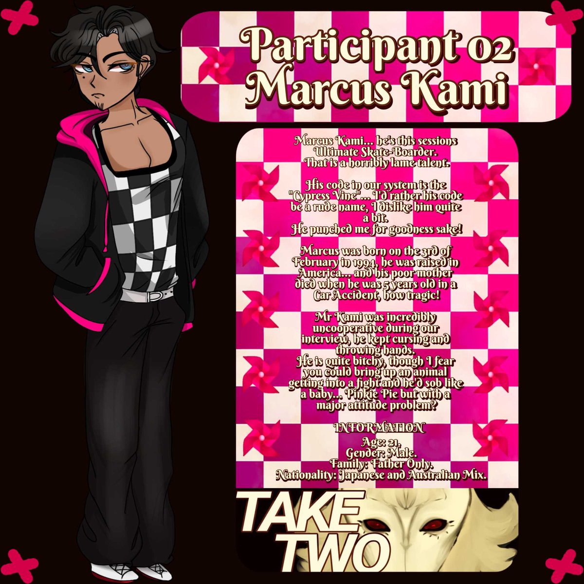 exTakeTwo's tweet photo. #Danganronpa #ExperimentalTakeTwo #Fanganronpa 

Image Repost of Participant 02, Marcus Kami, The Cypress Vine. https://t.co/w7AcY9WjkS