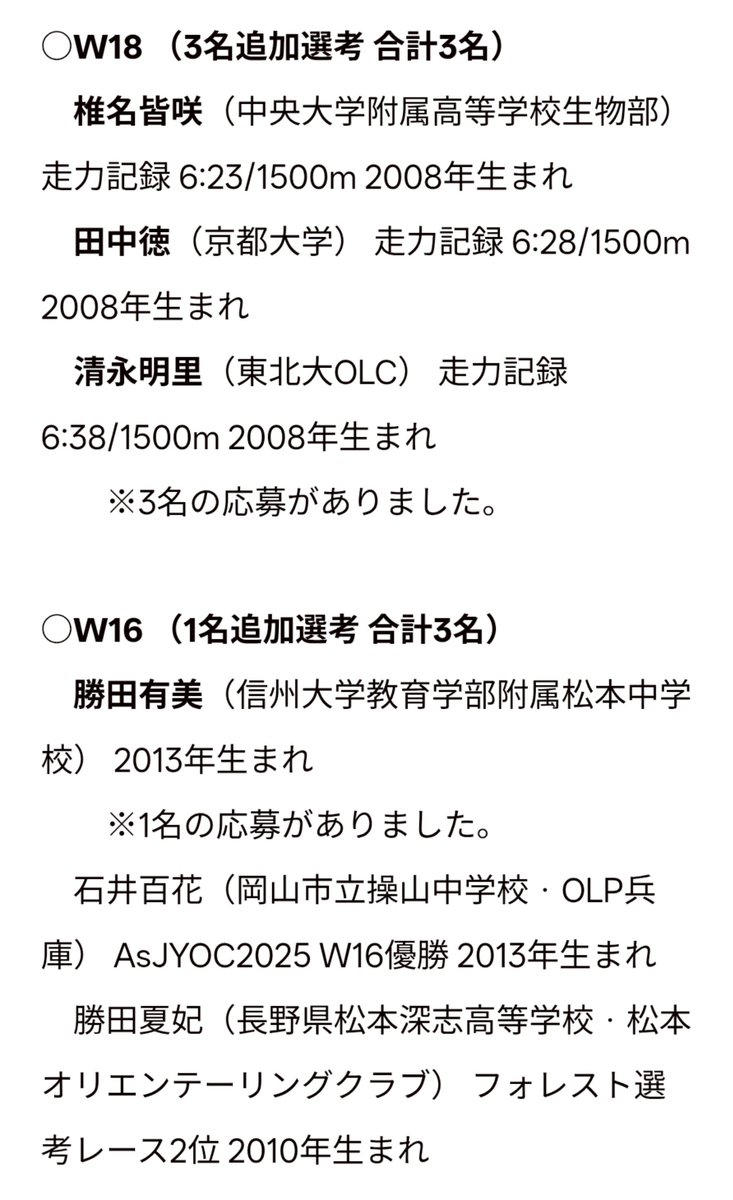 JWOCJapanTeam's tweet photo. 【2026年アジアジュニアユース選手権大会 女子クラスの追加選考結果】
追加の応募を受け付けていたW20、W18、W16クラスの選考結果を以下に発表します。
以下参考に M20、M18、M16の代表選手を示す(既発表の通り)
https://t.co/8yufy2jxTP
#AsJYOC2026
#ASOC2026 https://t.co/KCDwmFVkOl