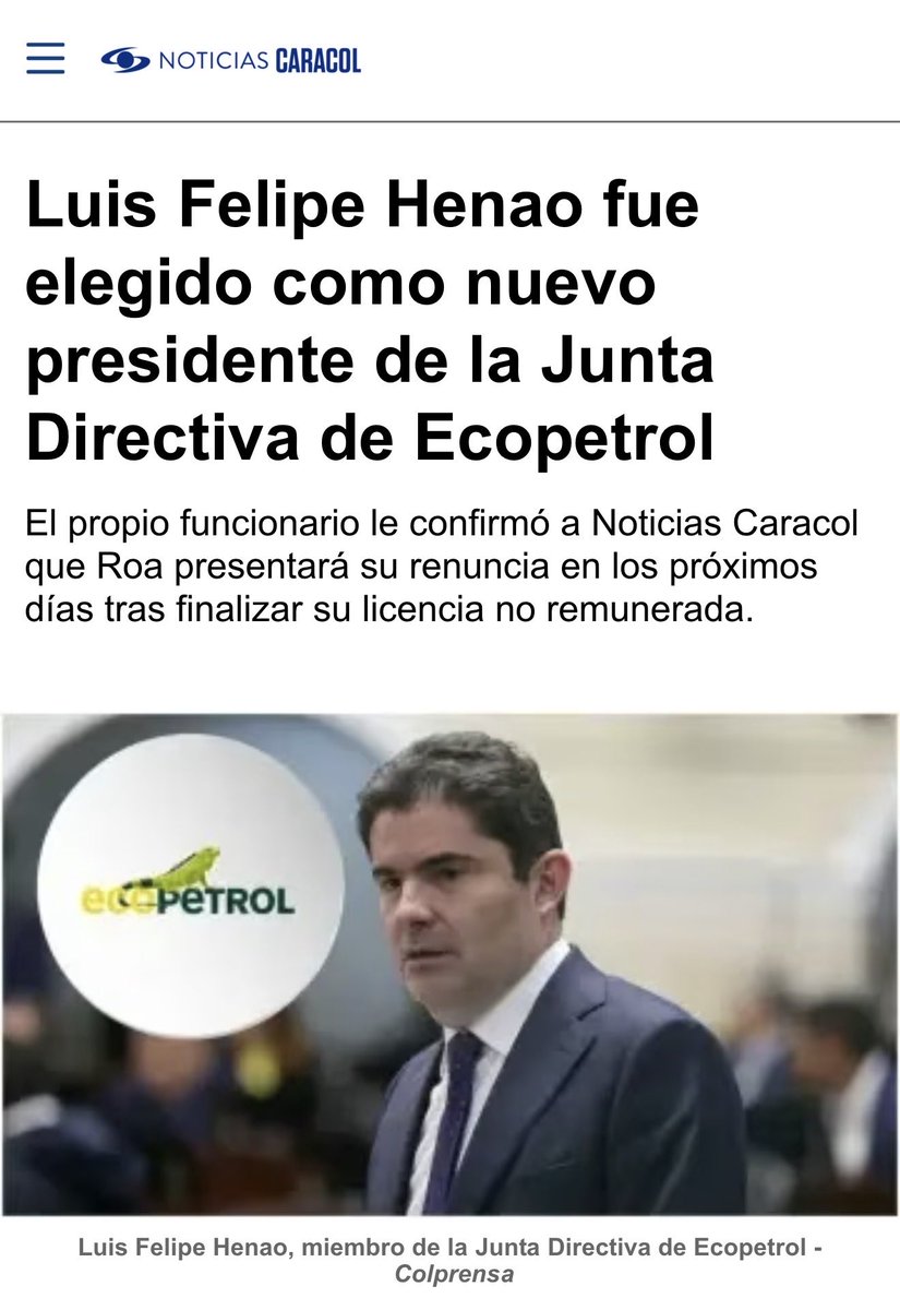 1oscarcampo's tweet photo. Que valioso que @luisfelipehenao llegue a la presidencia de la junta directiva de @ECOPETROL_SA. Le deseamos todos los éxitos en su gestión por el bien de nuestra principal empresa y de la recuperación económica de nuestro país. Buen viento y buena mar. https://t.co/daiaKTSHCG