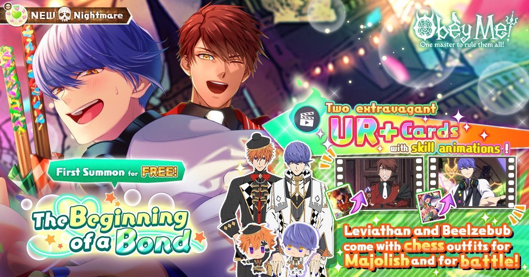 ObeyMeWiki's tweet photo. In Obey Me!, the event Nightmare "The Beginning of a Bond" is having a revival! 🤗 It will be available to get cards from starting July 23 until August 2, 18:00 (PDT)!

And if you've summoned in this Nightmare before, your progress in summoning presents is saved!

#ObeyMe https://t.co/0aTwxBkAqz