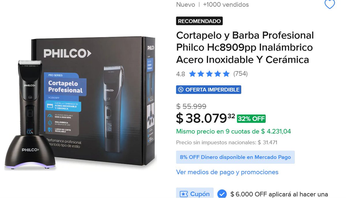 AhorrandoconRob's tweet photo. UN CORTE EN LA PELUQUERÍA Y CASI PAGÁS LO MISM0
Cortapelo y Barba Profesional Philco.
💸 Bajó de $55.999 a $38.079.
📉 32% OFF.
⭐ 4,8/5 con 754 opiniones.
https://t.co/3CSHPL0fPP https://t.co/N4dSirEI32