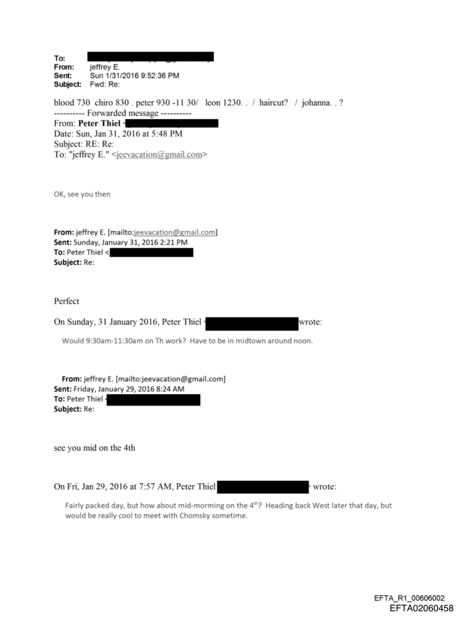 epsteinsearchin's tweet photo. Peter Thiel, writing to Jeffrey Epstein in January 2016: "Would 9:30am-11:30am on Th work? Have to be in midtown around noon."

Epstein's list for that morning: blood 7:30. Chiropractor 8:30. Peter 9:30.

Seven years after Epstein's conviction for procuring a minor. https://t.co/7hsQCIwS1v