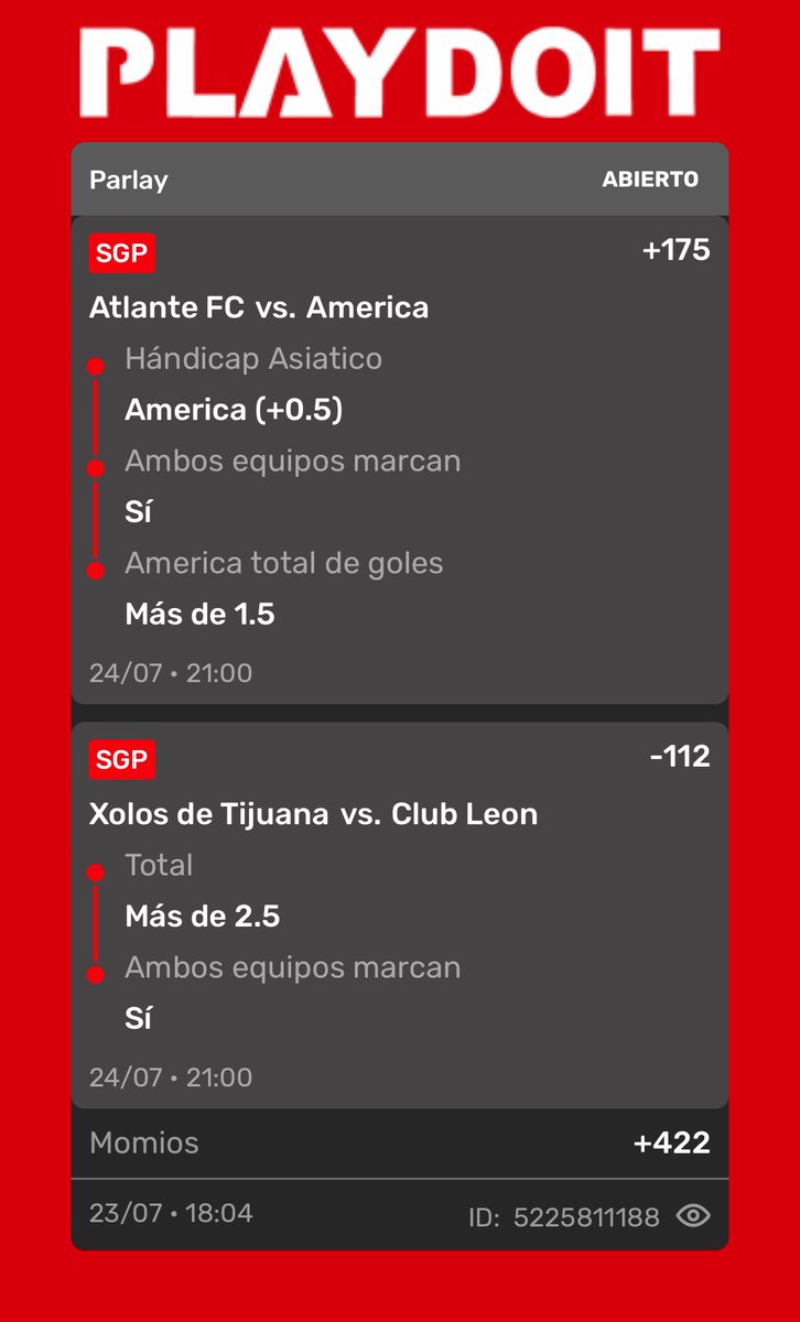 patitofeo9234's tweet photo. Así voy para mañana con la LIGA MX. ✌🏻

No hay mucho que explicar aquí, pero:

América basta y sobra decir que van contra el Atlante, no estoy diciendo que el Atlante sea malo. El América es mucho más superior, y veo más de 1.5 goles del equipo, pero también hay que cubrirse con un handicap porque es la LIGA MX, juegan en casa del Atlante, y todo puede pasar. América viene de perder contra LA Galaxy, y de recibir una roja con Querétaro, donde nada más anotó 1 gol. El Atlante por su lado viene de perder contra el Necaxa, y más aparte no se han enfrentado desde el 2017, por lo que veo un AA, y un over de goles fácilmente.✌🏻

Del Tijuana vs León, solo queda decir que León aún con su delantero estrella suspendido en este partido, no querrá dejarse perder de nuevo por 3era vez con Tijuana con marcador a 0 goles, por lo cual buscará al menos empatar, y Tijuana evidentemente no se va a dejar, es por eso que veo el AA, y el over de goles. 

Vamos, suerte. 🍀