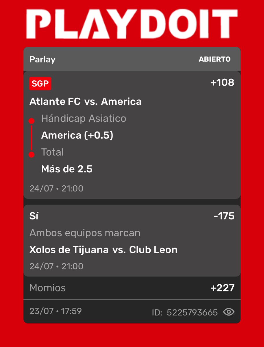 patitofeo9234's tweet photo. Así voy para mañana con la LIGA MX. ✌🏻

No hay mucho que explicar aquí, pero:

América basta y sobra decir que van contra el Atlante, no estoy diciendo que el Atlante sea malo. El América es mucho más superior, y veo más de 1.5 goles del equipo, pero también hay que cubrirse con un handicap porque es la LIGA MX, juegan en casa del Atlante, y todo puede pasar. América viene de perder contra LA Galaxy, y de recibir una roja con Querétaro, donde nada más anotó 1 gol. El Atlante por su lado viene de perder contra el Necaxa, y más aparte no se han enfrentado desde el 2017, por lo que veo un AA, y un over de goles fácilmente.✌🏻

Del Tijuana vs León, solo queda decir que León aún con su delantero estrella suspendido en este partido, no querrá dejarse perder de nuevo por 3era vez con Tijuana con marcador a 0 goles, por lo cual buscará al menos empatar, y Tijuana evidentemente no se va a dejar, es por eso que veo el AA, y el over de goles. 

Vamos, suerte. 🍀