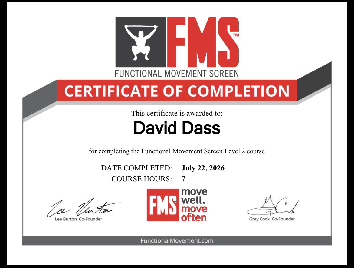 daviddassgolf's tweet photo. Certificate of completion for the various FMS courses https://t.co/C0haUx7W0s