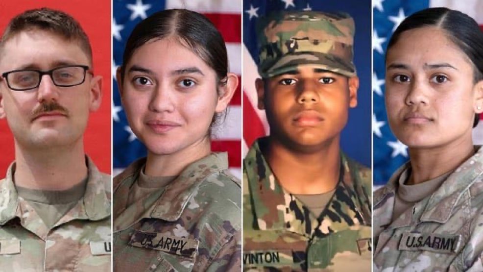 BillKristol's tweet photo. They died serving our country. They should be honored, not erased.

Lt. Tyler James Feehan, 25, of Hawaii

Pvt. Isabella Gonzales, 19, of Texas

Sgt. Angel Rampersad, 28, of New York

Sgt. Michael Emmanuel Swinton, 30, of North Carolina https://t.co/JRMzbIDbhu