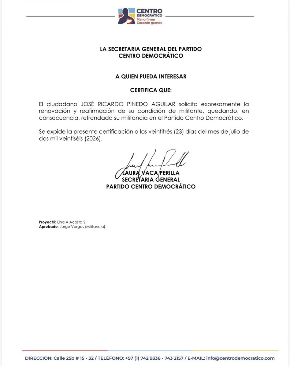 jochoardila's tweet photo. Firme y seguro con el @CeDemocratico. 

Hoy renuevo mi militancia con la convicción intacta de seguir defendiendo nuestros principios, valores y lealtades. Creo en un partido que ha sido firme en la defensa de la democracia, la libertad y las instituciones. https://t.co/WxFifRKpKX