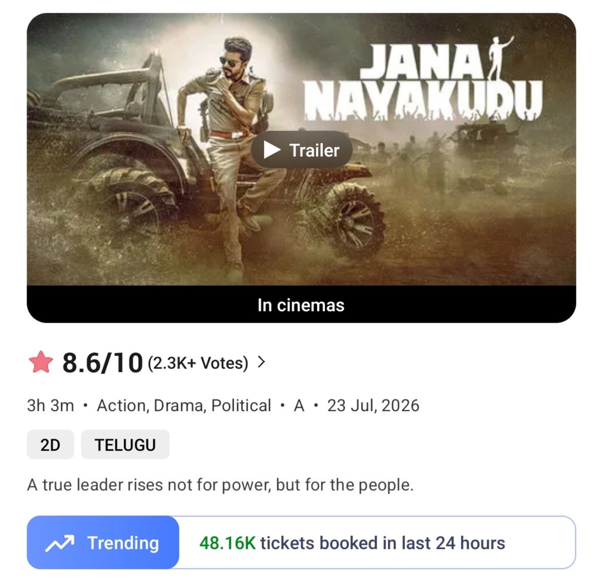 filmy_view's tweet photo. #JanaNayagan VERY GOOD 🔥
Tickets booked on BookMyShow 

Pre Sales- 1.18M
Thu- 631.73K ❤️‍🔥
———————
Total- 18,14,100 https://t.co/erVuPSmzE7