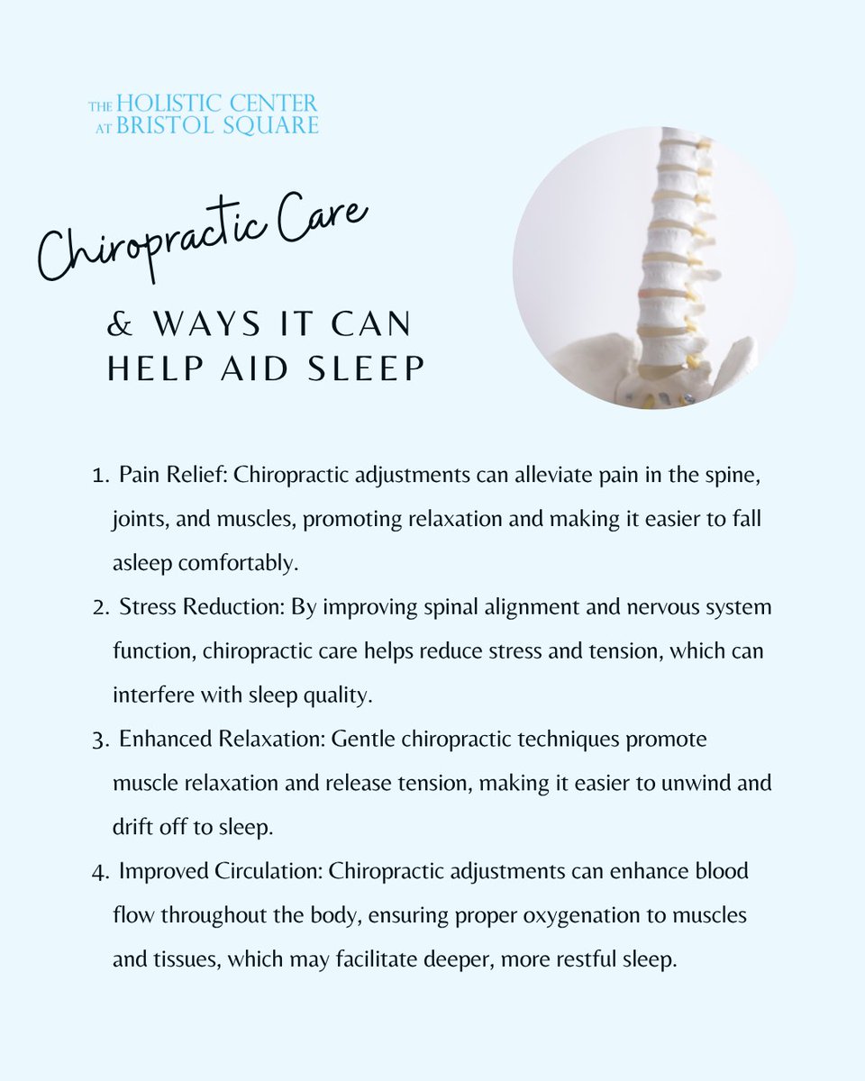 HolisticCtr1426's tweet photo. Adjustments help align your spine and reduce muscle tension as well as ease pain and discomfort that might be keeping you awake. In addition, it balances your hormones, like cortisol and melatonin, for a more regulated sleep-wake cycle! https://t.co/n1DSAMCYLY