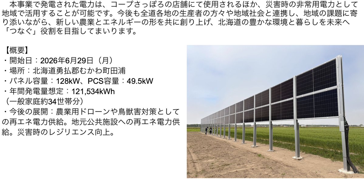 fdzaraf's tweet photo. 両面受光太陽光パネルによる垂直設置型太陽光発電を採用。エネルギーも地産地消。

生活協同組合コープさっぽろの関連会社である(株)トドック電力は、北海道勇払郡むかわ町において、「営農型太陽光発電 (ソーラーシェアリング)」事業を開始しました。(2026/7/23)
https://t.co/wPesw5oU5U https://t.co/nEBQpgD19N