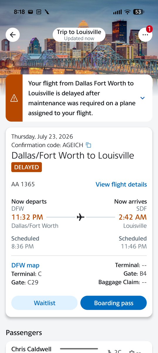 ChrisMCaldwell's tweet photo. @AmericanAir Delay number 25 this calendar year.  Always a maintenance issue.  A bit concerning! https://t.co/TbsyqzNR1j