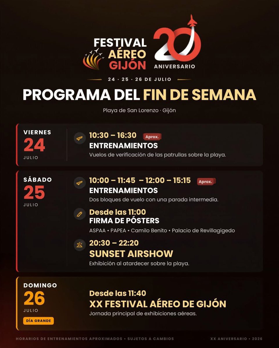Pelayoastur2's tweet photo. Entrenamientos, firma de pósters, Sunset Airshow y el plato fuerte, el domingo 26, con la XX edición del Festival Aereo Internacional De Gijón.
#gijon_airshow #ACAE #Airshow2026 #Gijón #Xixón #playadesanlorenzo #asturias #sunsetairshow https://t.co/a0xC9xpWbi