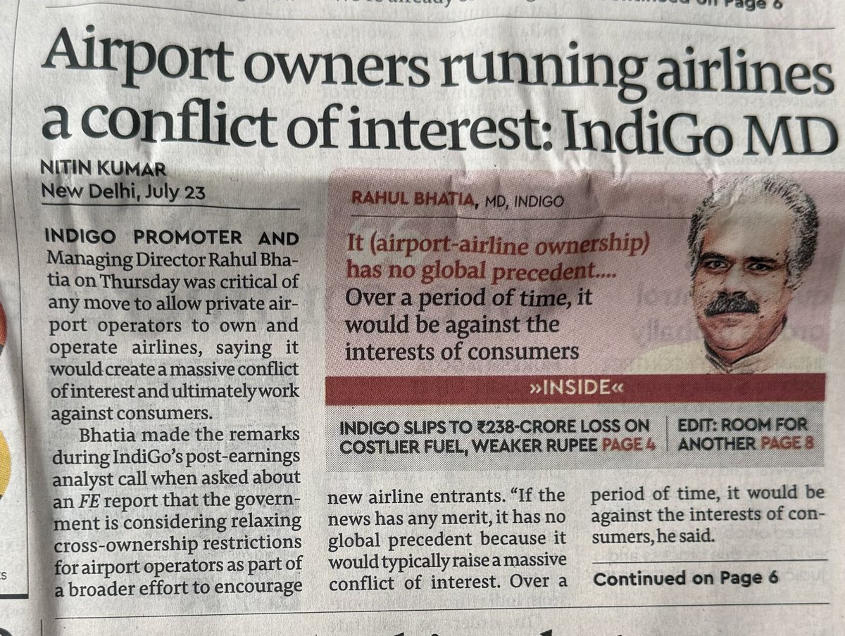 iamrakeshbansal's tweet photo. Airport Owners Running Airlines? IndiGo MD Says No
IndiGo promoter & MD Rahul Bhatia has strongly opposed any move to let private airport operators own and run airlines.
He said it would create a massive conflict of interest and, over time, go against the interests of passengers.
Bhatia pointed out that such airport-airline ownership has no global precedent.
His comments came during IndiGo’s post-earnings call after reports that the government is looking at relaxing cross-ownership rules to bring in more airline players.
https://t.co/yyVlVGZPDl
