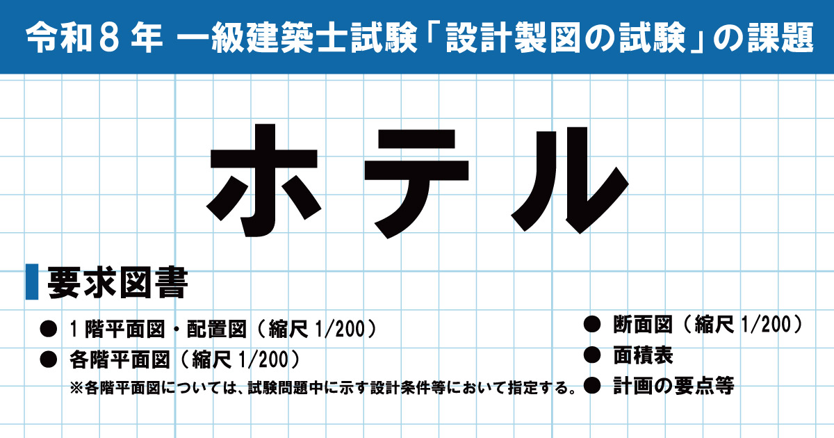 shikaku_sogo's tweet photo. 【1級建築士】設計製図試験の課題発表がありました！📢

令和8年 一級建築士試験「設計製図の試験」の課題は、
「ホテル」となりました。
https://t.co/lN0VSWQWuq

本日、総合資格学院公式HPにおいて課題発表分析を公開予定です！
試験対策として、ぜひご確認ください✨👆