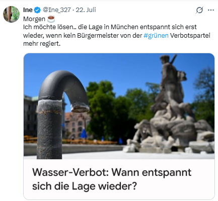 AP31878937's tweet photo. Und was ist mit den rund 80 Gemeinden und Landkreisen mit Wasserbeschränkungen, die gar nicht grün regiert werden? Müssen die ebenfalls erst einen grünen Bürgermeister abwählen – oder darf es dort ausnahmsweise am Wassermangel liegen? https://t.co/PDgplJIi4V