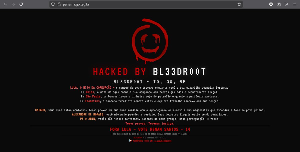 bl33dr00t's tweet photo. This time, we infected the server networks of Goiás, São Paulo, and Tocantins; all data was compromised and web pages were altered. What do you do in a case like this, ABIN?

+154 https://t.co/k74J3E2QdS / https://t.co/PpRgQB0Dko 

@FBI @PCERJ 
#bolhasec https://t.co/ywEZccWm02