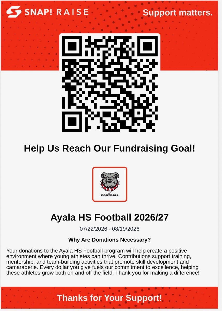 AyalaFootball's tweet photo. Ayala Bulldogs Football SNAP! Fundraiser is NOW LIVE!
#AyalaBulldogs #AyalaFootball #BulldogNation #SupportOurPlayers #HighSchoolFootball #CommunityStrong #SnapFundraiser #GoBulldogs #FridayNightLights https://t.co/3h6JMCZv91