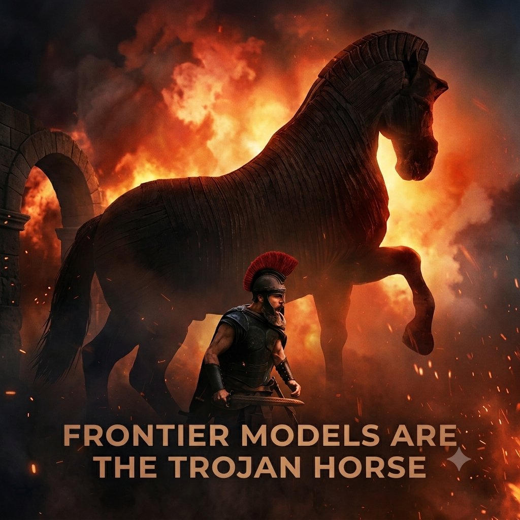 kaotown's tweet photo. Frontier models are a Trojan horse.

They arrive as a gift, then quietly extract your exceptions, decisions, and context, one prompt at a time.

The model is a commodity. Your knowledge isn't. And you're giving it away.

Keep it:  your own knowledge layer + open-weight models, inside your boundary.