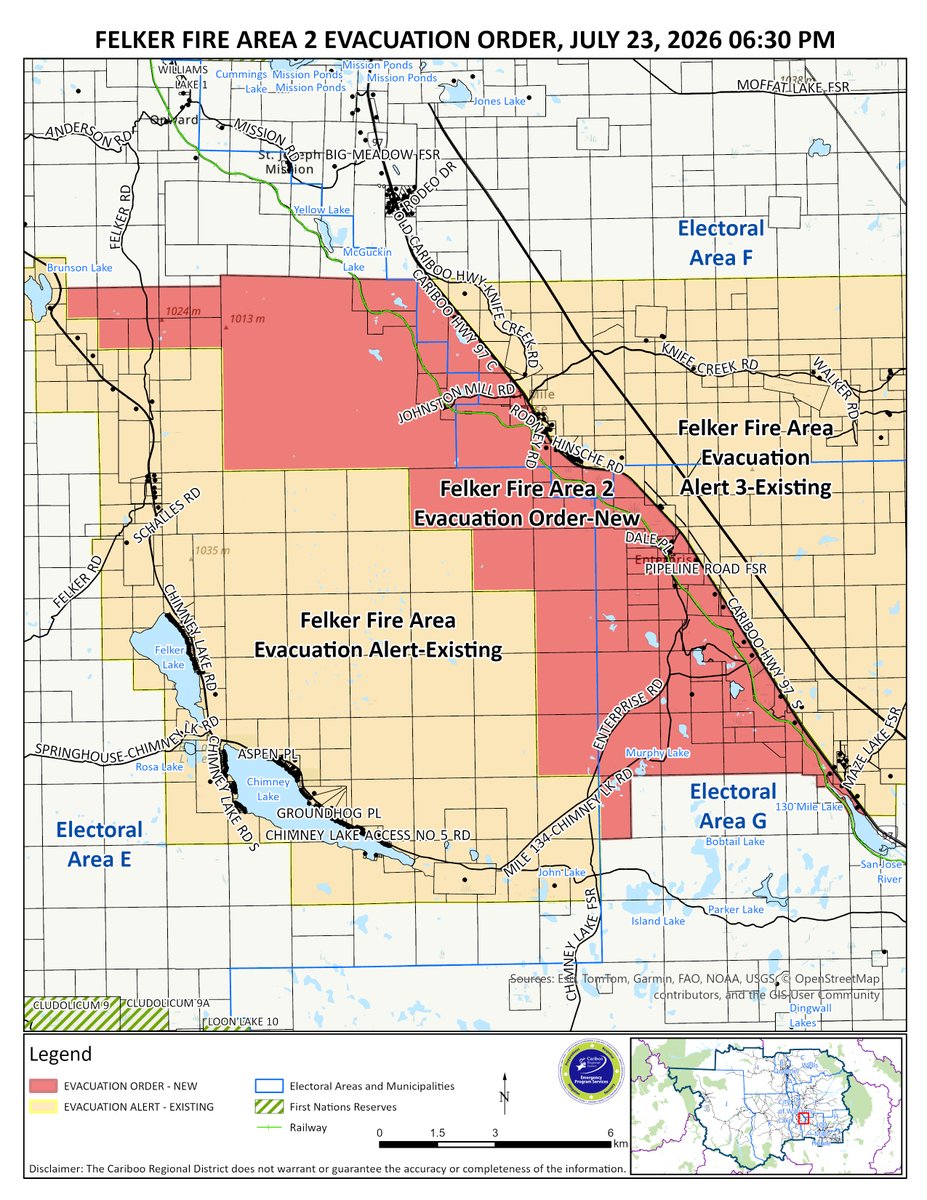 CaribooRD's tweet photo. #CaribooRD has issued an Evacuation Order for Felker Fire Area 2 due to the C21127 Felker Fire.  
 Visit https://t.co/2CoNyXejy2 to use the interactive map to check if your address is included in the evacuation order. #CaribooFires #BCwildfire https://t.co/lyECe5mGNE