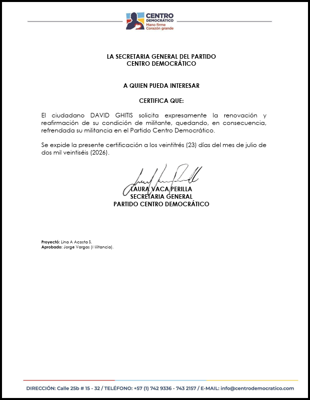 ghitis's tweet photo. Ratifico mi militancia en el Centro Democrático https://t.co/LlAi69VcRc