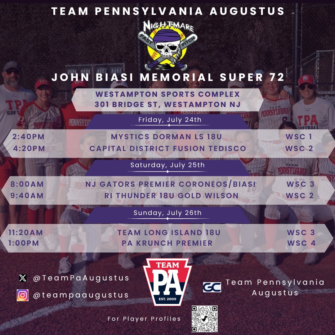 TeamPaAugustus's tweet photo. NJ this weekend for our last tournament of the summer.  Cone see us close out the season on a high note at the @nightmarefp
Super 72!

#teampaproud
@teampafastpitch https://t.co/R9kYIgP9w6