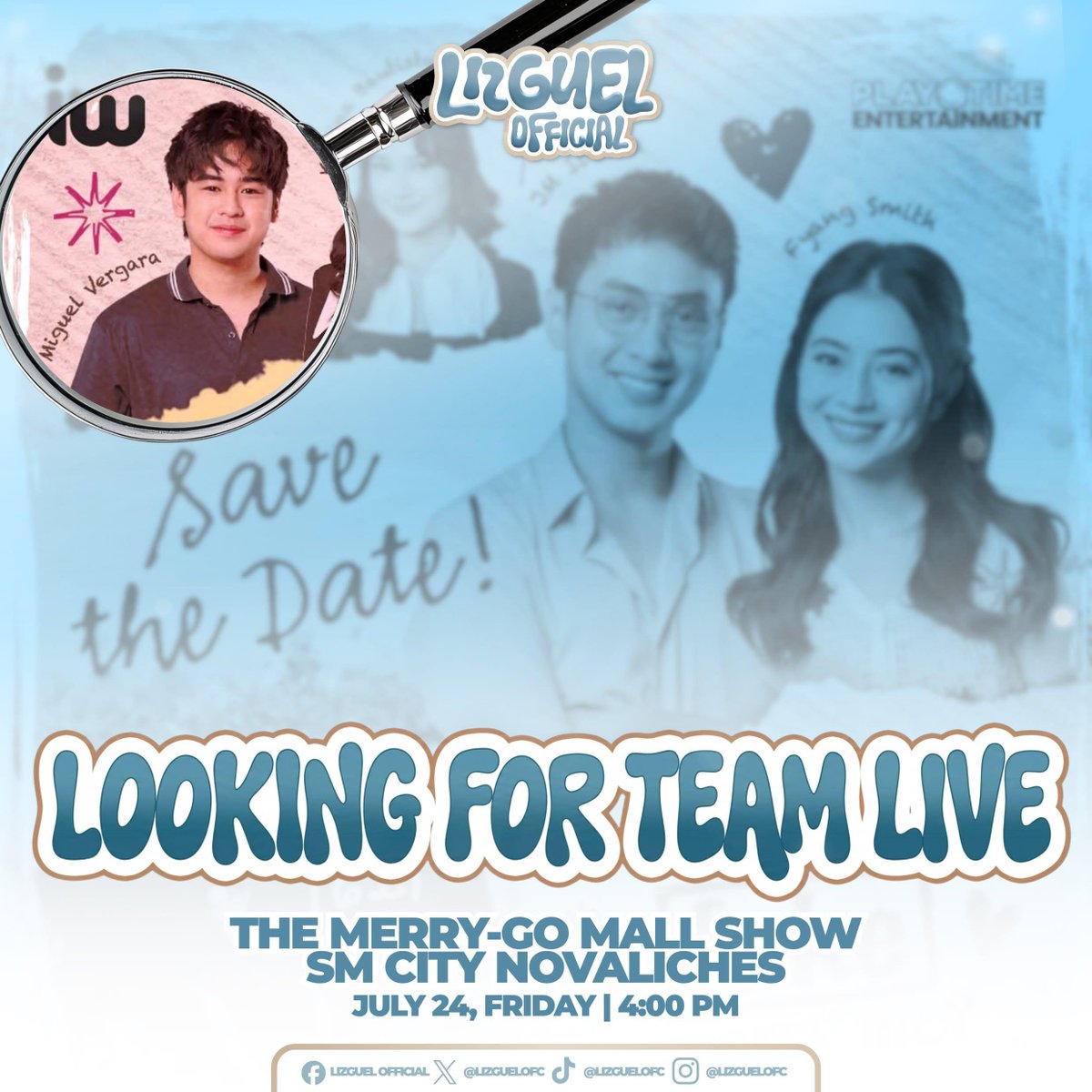 LizGuelOFC's tweet photo. LAST CALL, BLUSHIES! 📢

Our Team Live GC is open once again!

Join us as we support Miguel at the Merry-Go Mall Show today at SM City Novaliches, starting at 4:00 PM.

If you’re nearby and want to receive live updates, photos, and videos, comment below or send us a DM to be added to our Team Live GC!

See you there, Blushies and Miggies! 🩵

#LizGuel | #ElizaBorromeo #MiguelVergara