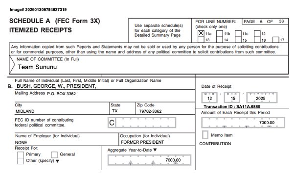 spymain123's tweet photo. George W. Bush donated $7,000 to John Sununu’s U.S. Senate campaign in New Hampshire (FEC filing dated Dec. 15, 2025).Occupation listed: “FORMER PRESIDENT.” https://t.co/98SnqnvX4N