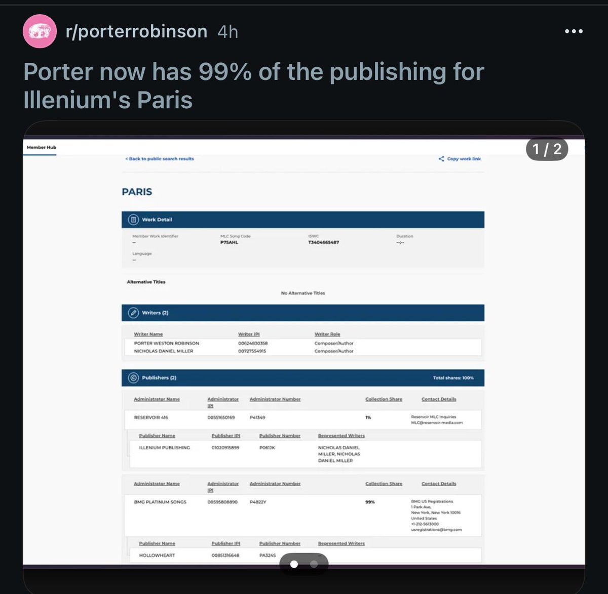 flipboitamidles's tweet photo. saw this on reddit, porter now owns 99% of the publishing rights of illenium’s song paris lol https://t.co/26cG22yYyv