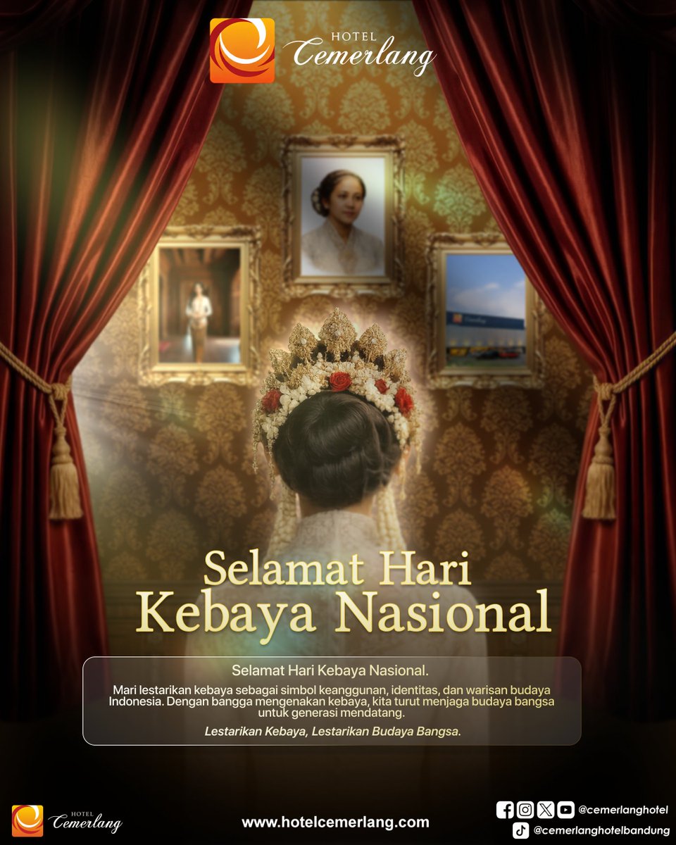CemerlangHotel's tweet photo. Kebaya bukan sekadar busana, melainkan simbol keanggunan, identitas, dan kekayaan warisan budaya Indonesia yang tak lekang oleh waktu. Setiap helaian kain dan ukiran perhiasannya menyimpan cerita keindahan bangsa.

​Selamat Hari Kebaya Nasional https://t.co/XUADV8t2Xp