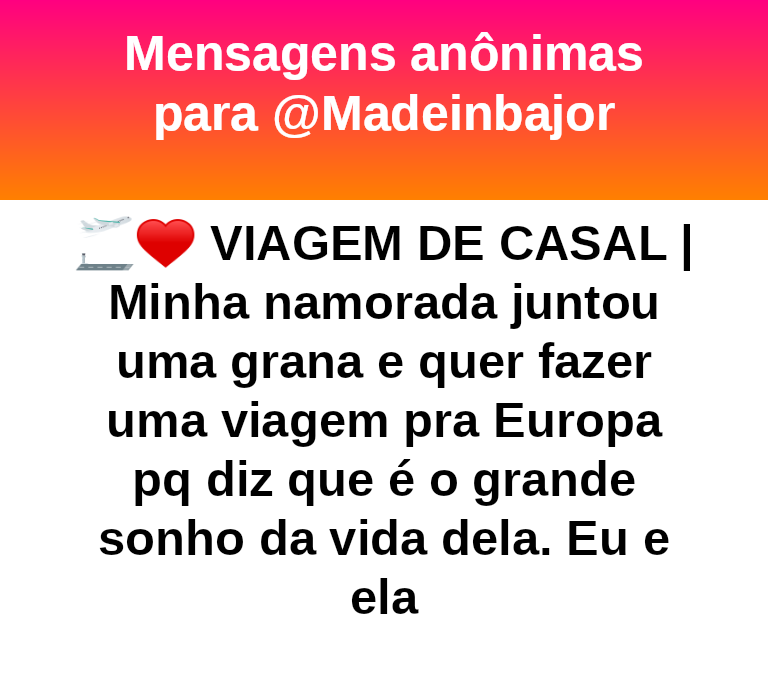 madeinbajor's tweet photo. #bajo43464
🛫❤️ VIAGEM DE CASAL |
Sim, vc está errado. 
É o sonho dela. Ela juntou o dinheiro sem depender de vc e vc tá menosprezando. 
No lugar dela eu iria sem vc e ela ainda teve a simpatia de te convidar. https://t.co/T3EiZracDy