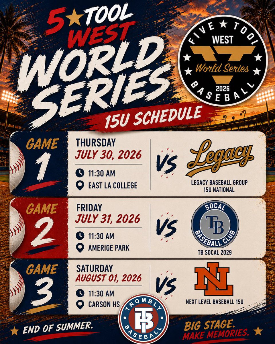 tromblybaseball's tweet photo. Here are the @tromblytribe 17U and 15U Schedules for the @FiveToolCA West World Series. 

#EarnIt https://t.co/njYTOCZt9d
