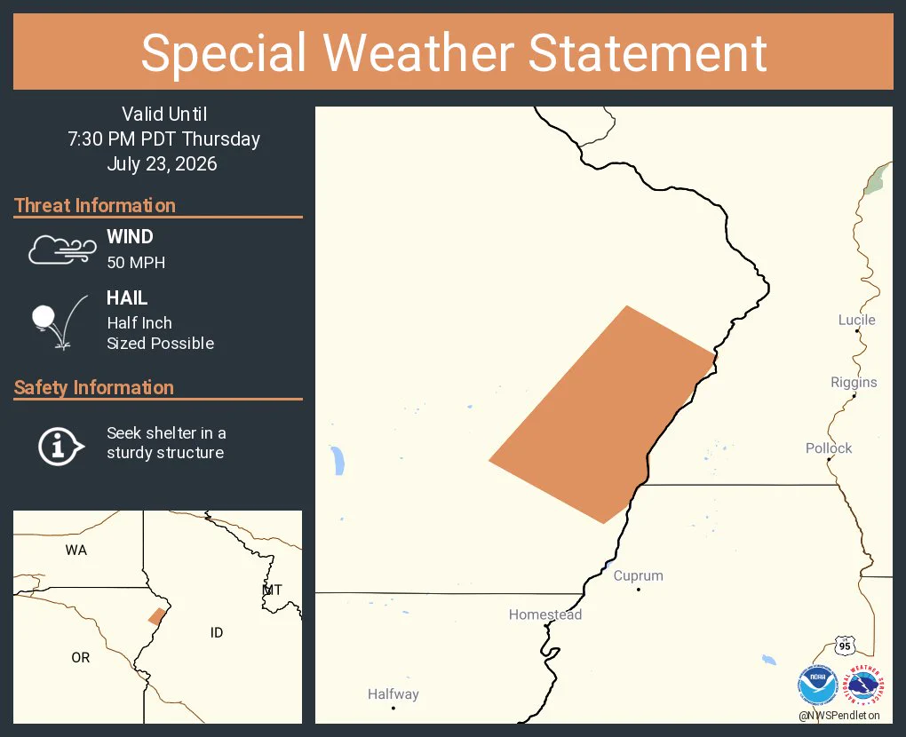 This graphic displays a special weather statement plotted on a map. The statement is in effect until 7:30 PM PDT.  The statement includes Wallowa County, OR.  A STRONG THUNDERSTORM WILL IMPACT SOUTHEASTERN WALLOWA COUNTY THROUGH 730 PM PDT. The threats associated with this storm are wind gusts up to 50 MPH and half inch sized hail. Seek shelter in a sturdy structure until the storm passes.