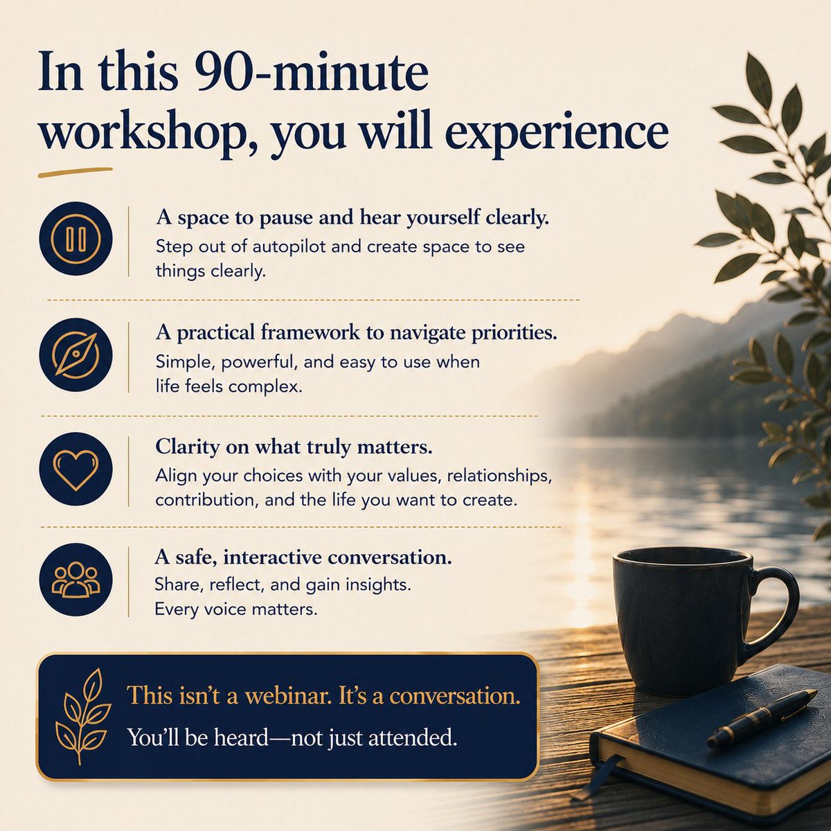 niraj_PEN's tweet photo. That's why I created Navigating Competing Priorities.

Not to give people answers.

But to help them create enough space to hear themselves again.

This isn't a webinar.

It's a conversation. https://t.co/r1kV9Cumbt