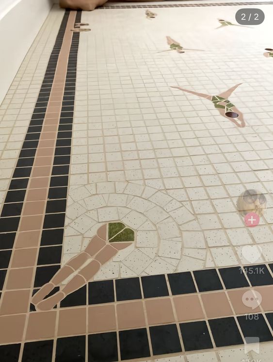 interiorsuckerr's tweet photo. Whimsical "Les Nageuses" swimmer mosaic floor tiles handcrafted by Suzanne Manufacture X Maud's Architecture https://t.co/i7cO94BJT0