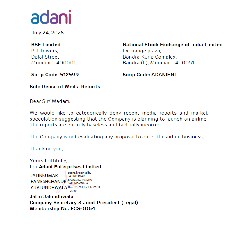 DigitalLekhanee's tweet photo. Adani Enterprises has clarified that reports and market speculation about launching an airline are entirely baseless. The company says it is not evaluating any proposal to enter the airline business. #airline https://t.co/Z9HYKdELR2
