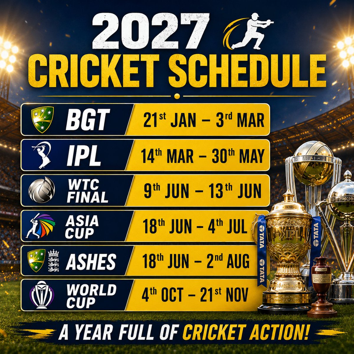 CricketBuzzIN's tweet photo. 🏆 2027 का पूरा Cricket Schedule जारी! 🔥 

कौन सा टूर्नामेंट है आपका सबसे ज्यादा इंतज़ार? 👀 https://t.co/ZoWrtylm1g