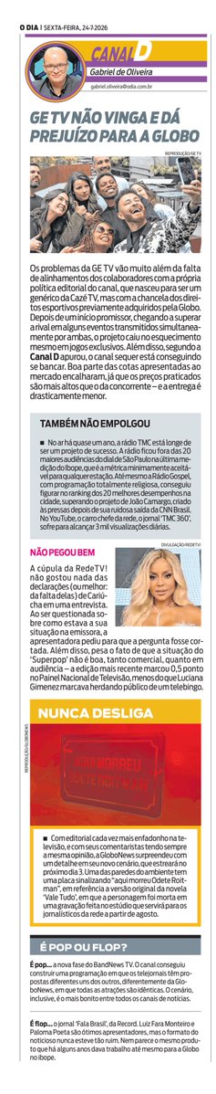 RickSouza's tweet photo. Canal D de hoje, no @jornalodia

- GE TV dá prejuízo para a Globo
- Cúpula da RedeTV! está incomodada com Cariúcha
- O detalhe curioso do novo estúdio da GloboNews https://t.co/PRXweYtgV0