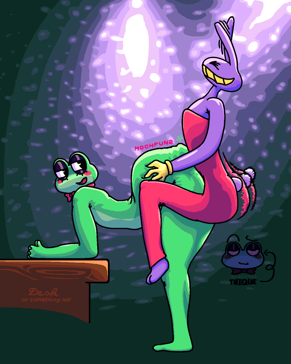 MochFUN2's tweet photo. So basically I was talking with a friend making a Ribbit-Jax fic and they were thinking of the positions they'd do so I jumped to suggest the perching position!!!
Then I sketched this to show what it would look like, before deciding to make it a full art piece NIEHHEHEHEH :3 https://t.co/pkZsiadSFp