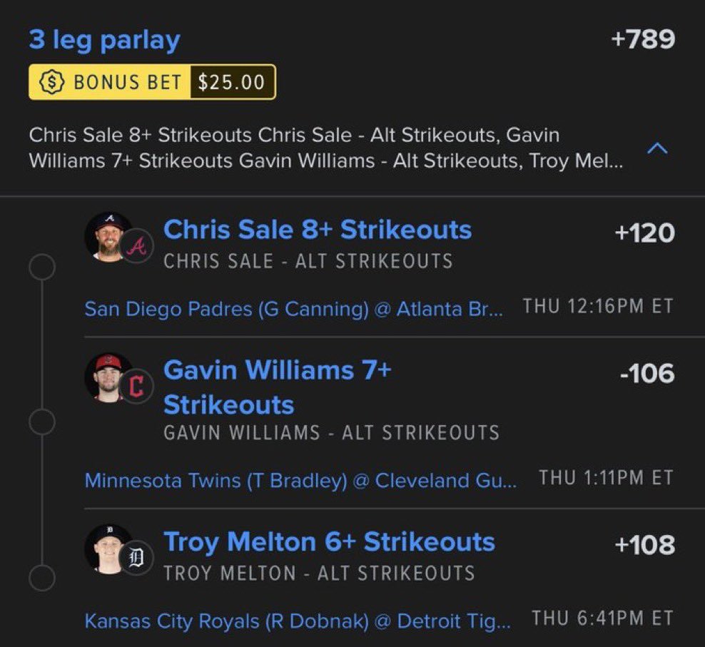 BoujeePicks's tweet photo. 🎯 STRIKEOUT LADDER LOCKED IN! 🎯

Three elite arms. Three strikeout targets. Let’s get to work. 🔥⚾

✅ Chris Sale 8+ Strikeouts (+120)
✅ Gavin Williams 7+ Strikeouts (-106)
✅ Troy Melton 6+ Strikeouts (+108)

💵 Bonus Bet: $25.00
📈 Odds: +789

Backing swing-and-miss stuff all day. If these aces are dealing, this ticket has a great shot to cash. 💰👀

#MLB #MLBPicks #StrikeoutProps #StrikeoutLadder #SportsBetting #FanDuel #PitcherProps #ChrisSale #GavinWilliams #TroyMelton #Baseball #Parlay #BettingCommunity #SportsPicks #RoadToProfit #CashIt ⚾🔥