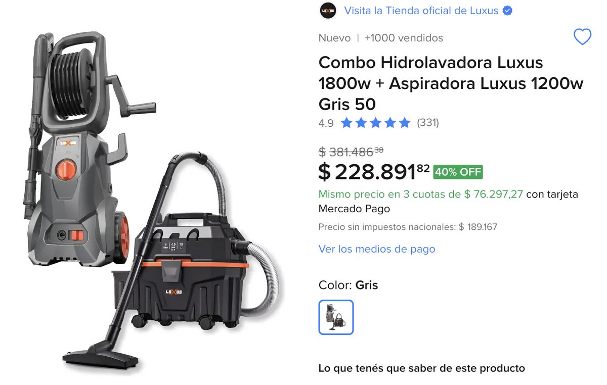 ElChadOfertas's tweet photo. 🧼 TODO LO QUE NECESITÁS PARA DEJAR TU CASA IMPECABLE.

Antes $381.486
Ahora $228.891
https://t.co/KJUDGBruom

Combo Luxus con hidrolavadora de 1800W + aspiradora de 1200W para limpiar pisos, autos, patios y cada rincón de tu hogar. https://t.co/ssaNg58lFh