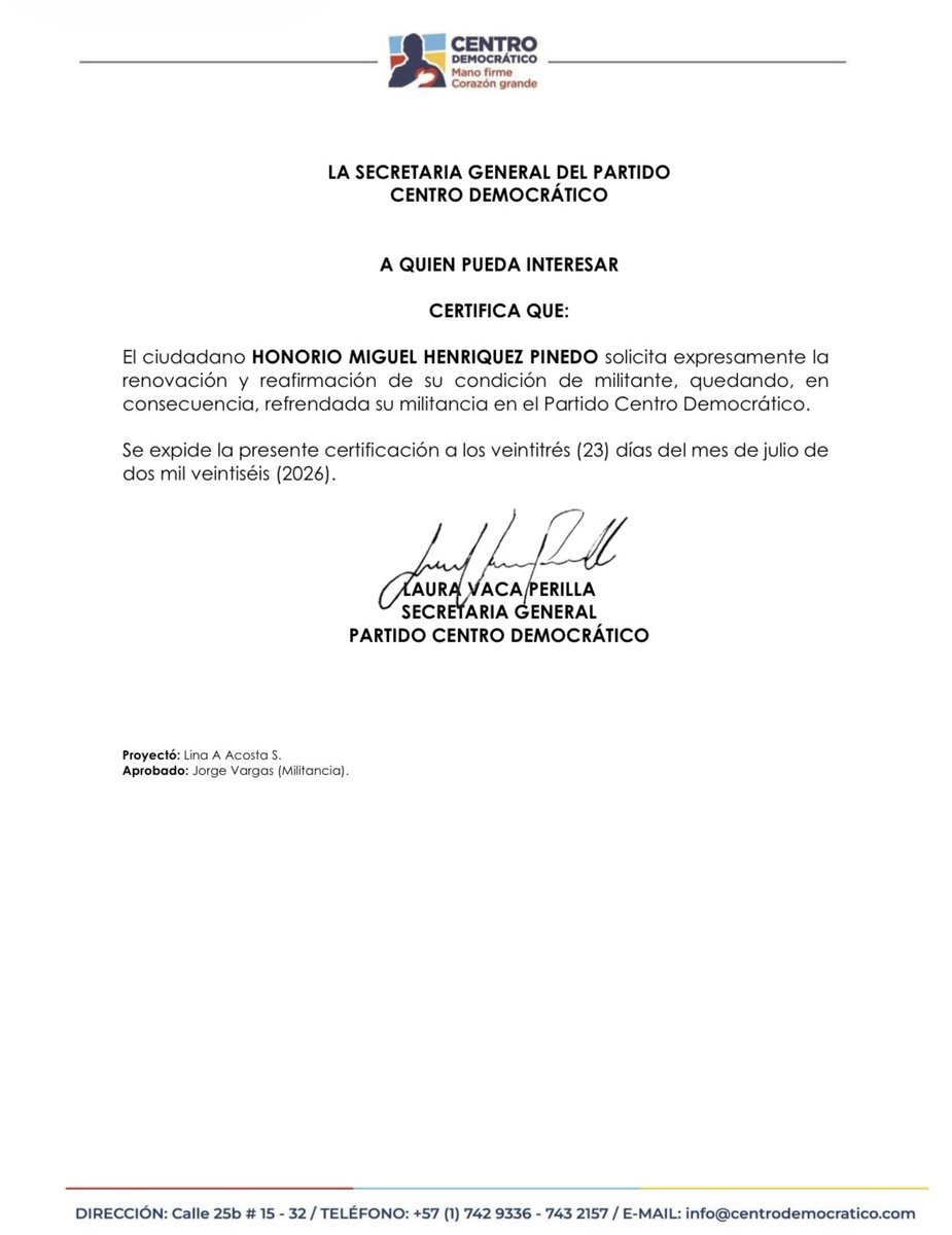 honohenriquez's tweet photo. Desde la fundación del @CeDemocratico he estado al lado del presidente @AlvaroUribeVel y de este proyecto político que nació para defender a Colombia con firmeza, principios y amor por la patria.

Hoy, como Presidente del Senado de la República y miembro fundador, reafirmo con orgullo y convicción mi militancia. 

El compromiso sigue intacto: proteger los ideales que nos han guiado desde el primer día.