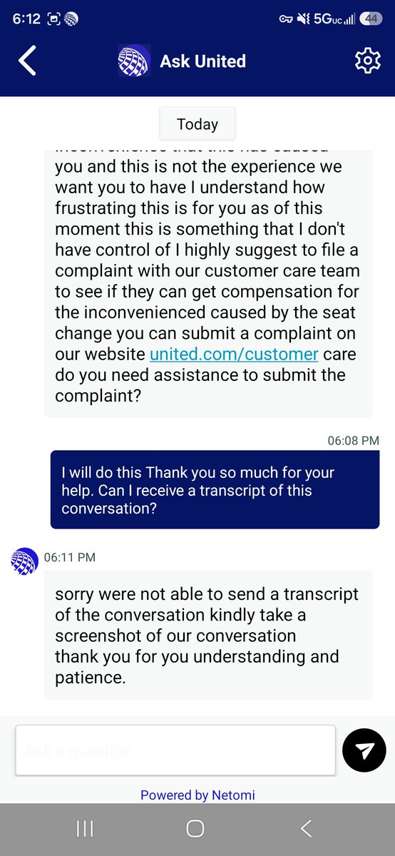 DBurdiez's tweet photo. @united
Extremely disappointed with my flight today. My assigned aisle seat was given to another passenger after I boarded, and the customer service rep denied making the change. Your online support later confirmed the seat was reassigned by airport staff — the screenshot shows it https://t.co/KusBwtMQYi someone who flies this route three weeks a month and books early to secure specific seating, this treatment is unacceptable.