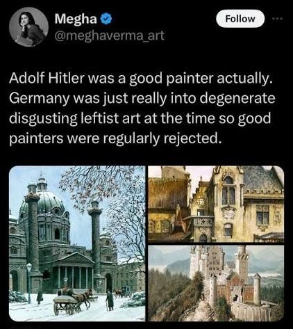 MisterReese89's tweet photo. @PoliticalStacy @JoeShmo2pt0 >Hitler was not a vegan.

>He would not be an anti white Democrat socialist.
>He was a white national socialist.

>He was right about Jews stealing wealth and promoting immoral values.

>If he was alive today he'd tell you to release the Epstein files.

He was a good artist. https://t.co/eSL15PCm6z